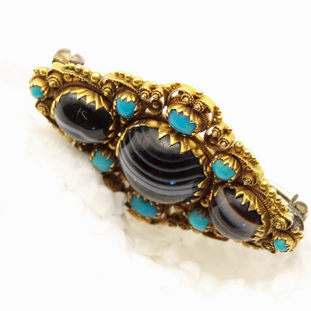 Antique Georgian brooch cannetille gold agate turquoise English Unisex (7386)