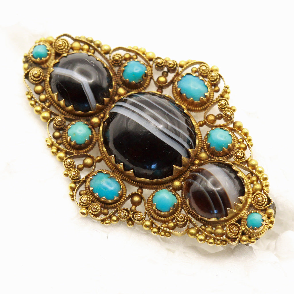 Antique Georgian brooch cannetille gold agate turquoise English Unisex (7386)