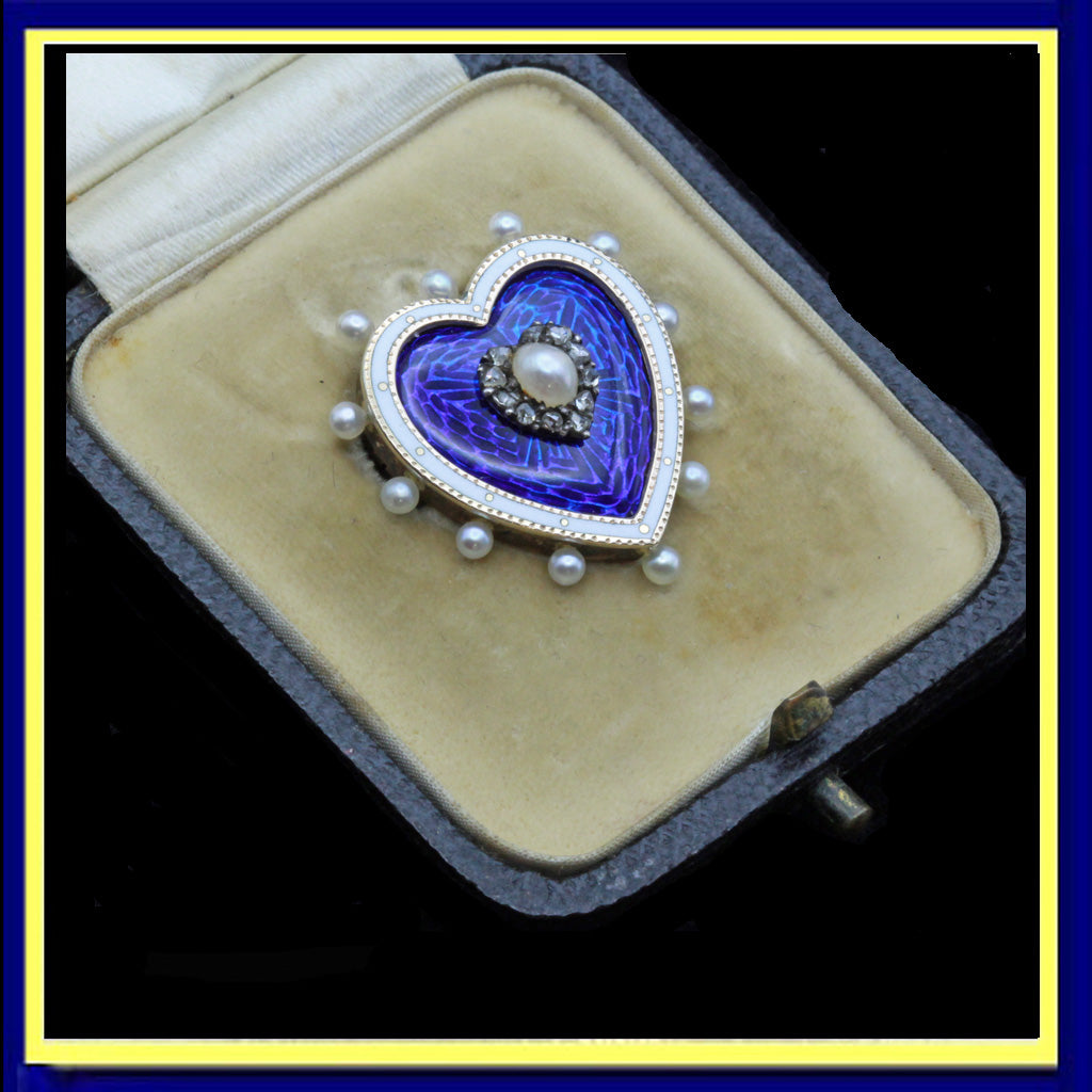 antique Victorian heart pendant brooch locket gold enamel pearls diamonds