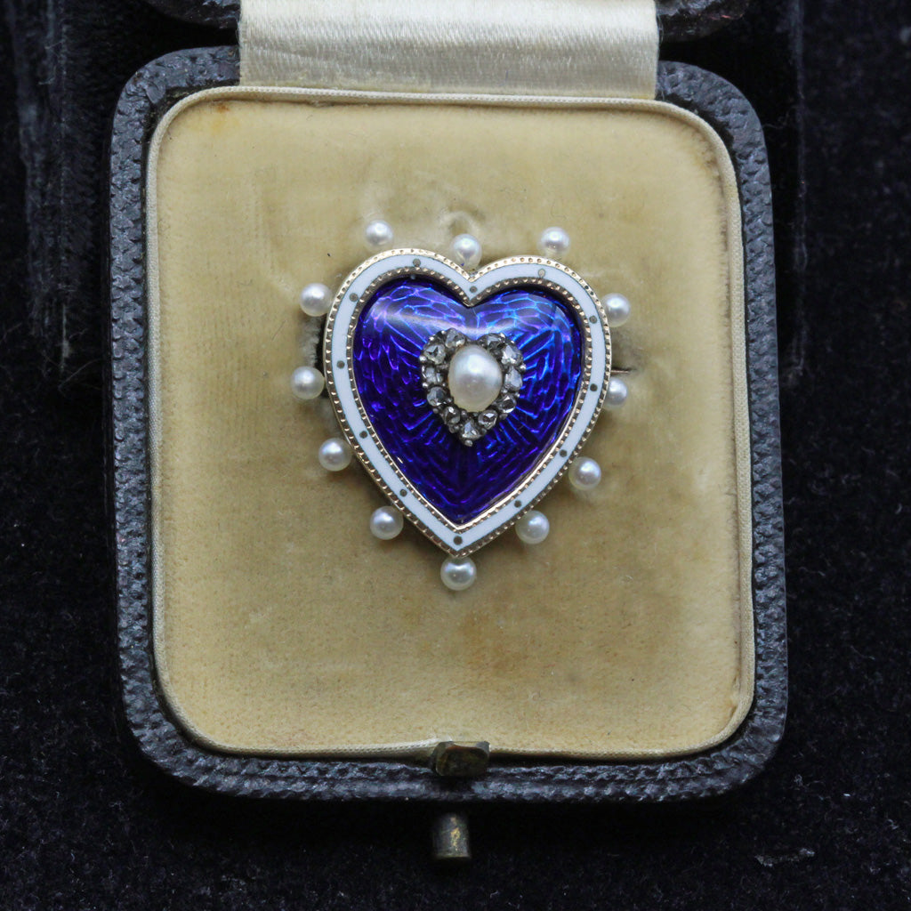 Antique Victorian heart Pendant Brooch Locket Gold Enamel Pearls Diamonds (7391)