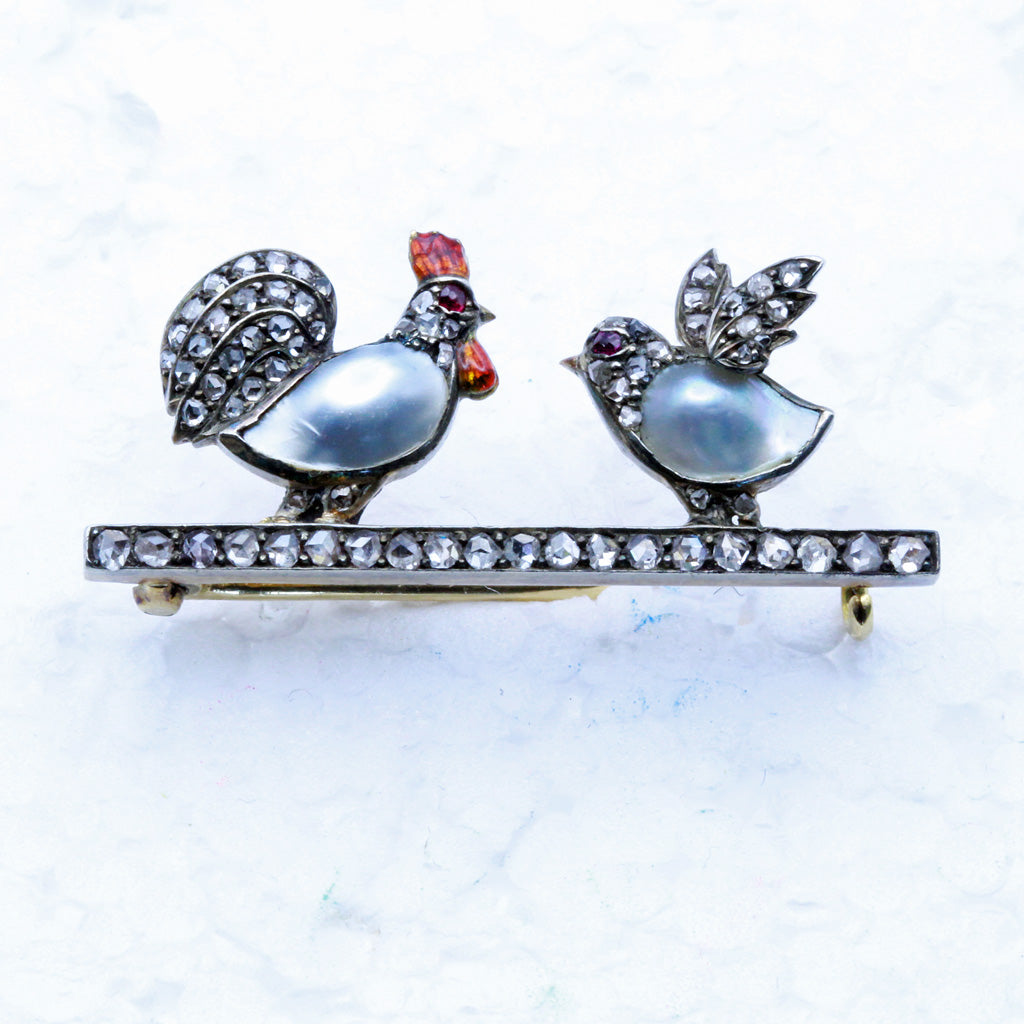 Antique Imperial Russian Brooch Pearl Diamonds ruby gold silver hen chick (7405)