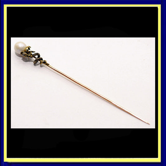 antique Victorian tie pin snake gold pearl black enamel brooch unisex