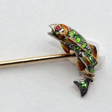 Fish stick pin brooch gold platinum demantoid garnets ruby enamel Antique (7435)