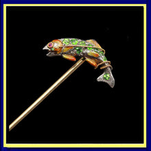 fish stick pin brooch gold platinum demantoid garnets ruby enamel antique