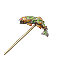Fish stick pin brooch gold platinum demantoid garnets ruby enamel Antique (7435)