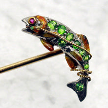 Fish stick pin brooch gold platinum demantoid garnets ruby enamel Antique (7435)