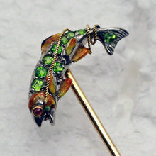 Fish stick pin brooch gold platinum demantoid garnets ruby enamel Antique (7435)