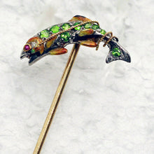 Fish stick pin brooch gold platinum demantoid garnets ruby enamel Antique (7435)