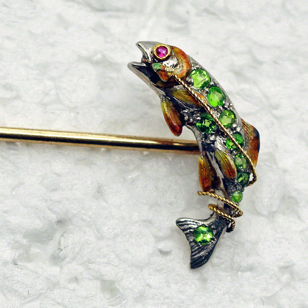 Fish stick pin brooch gold platinum demantoid garnets ruby enamel Antique (7435)