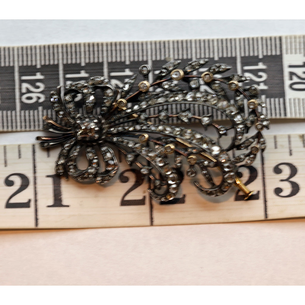 Antique Georgian aigrette brooch diamonds silver gold French feathers bow (7442)