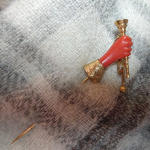Antique Victorian stick tie pin gold carved natural coral mano figa bugle (7466)