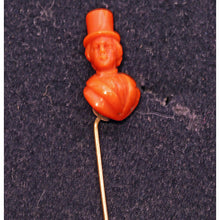 Antique Victorian Stick Tie Pin natural carved coral 14k gold Man Tophat (7469)