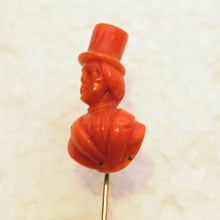 Antique Victorian Stick Tie Pin natural carved coral 14k gold Man Tophat (7469)