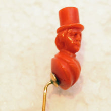 Antique Victorian Stick Tie Pin natural carved coral 14k gold Man Tophat (7469)
