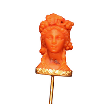 Antique Victorian Stick Tie Lapel pin gold carved natural coral goddess (7472)