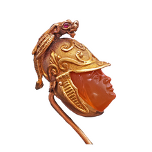 Antique Stick Tie Pin hardstone cameo Mars god w Gold Griffin Ruby eyes (7473)