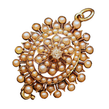 Antique Victorian brooch pendant gold diamond pearls unisex orig box (7502)