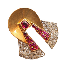 Raymond Templier Art Deco clip brooch gold platinum diamonds rubies Unisex (7516)