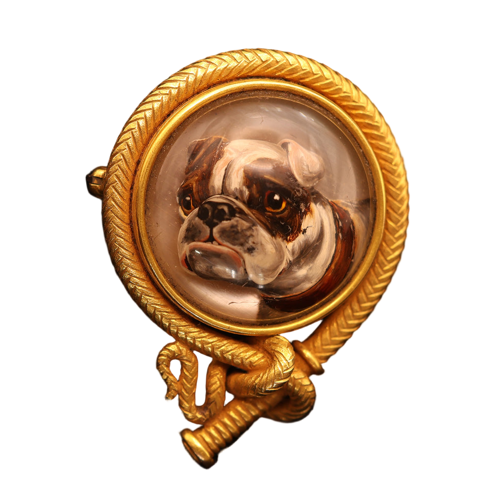 Antique brooch pendant gold Essex Crystal Reverse intaglio bulldog bullwhip(7570)