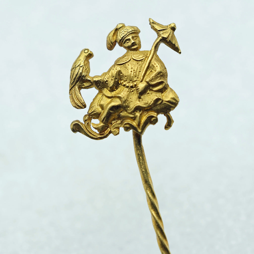 Antique stick tie pin brooch French gold Oriental figure parrot umbrella