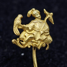 Antique stick tie pin brooch French gold Oriental figure parrot umbrella (7622)
