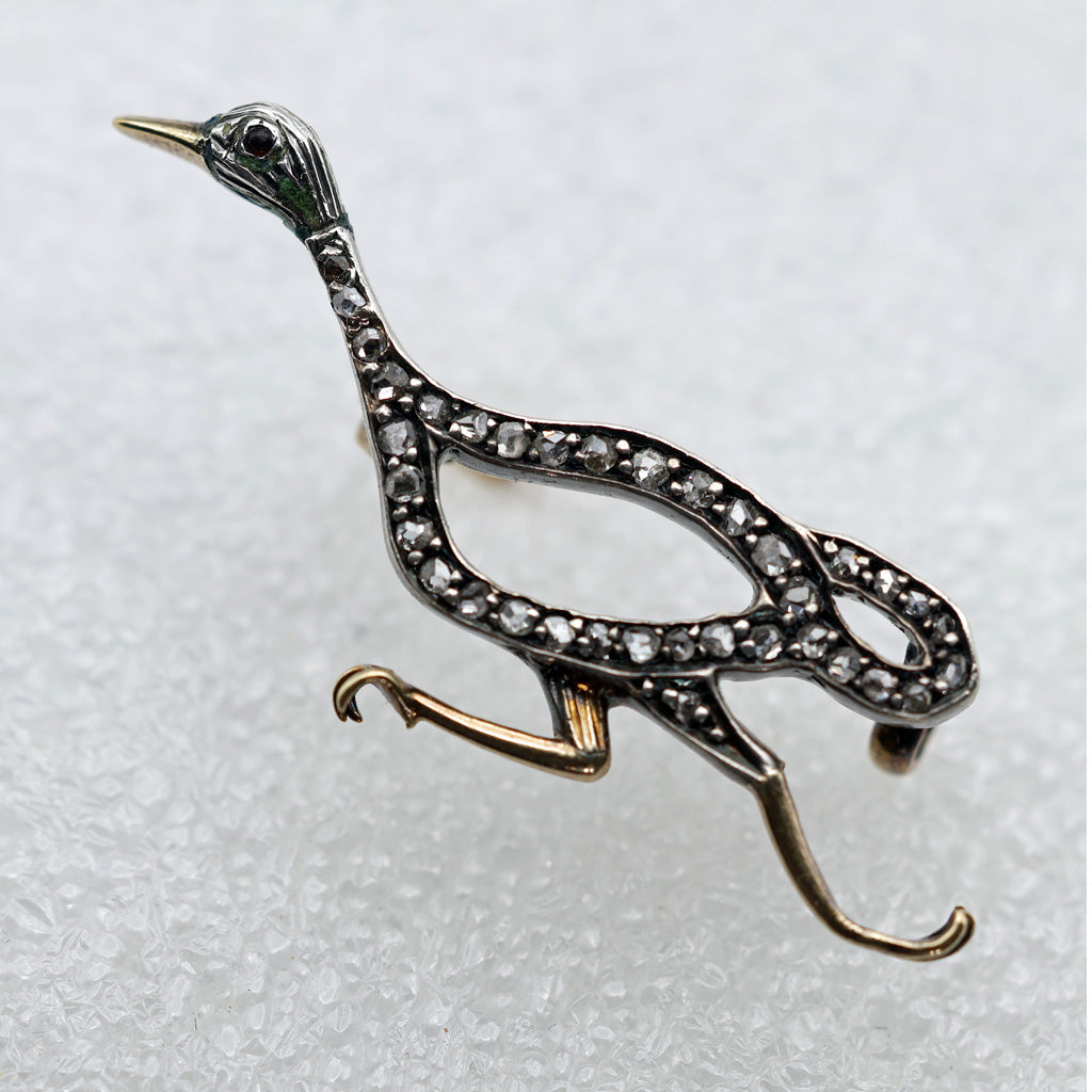 Antique Nouveau Victorian brooch running duck gold silver diamonds French