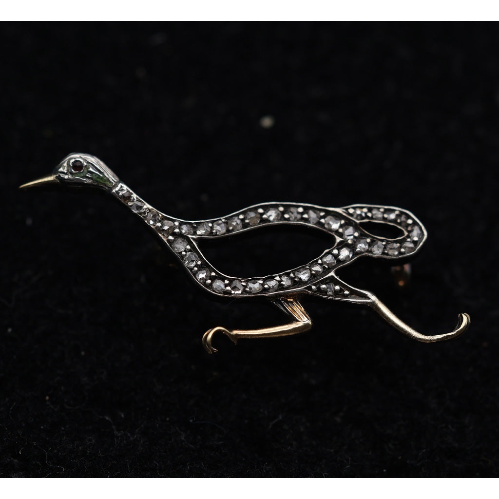 Antique Nouveau Victorian brooch running duck gold silver diamonds French (7628)