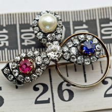 Antique Victorian brooch gold silver diamonds ruby sapphire pearl symbolic (7639)