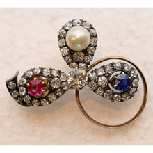 Antique Victorian brooch gold silver diamonds ruby sapphire pearl symbolic (7639)
