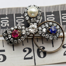 Antique Victorian brooch gold silver diamonds ruby sapphire pearl symbolic (7639)