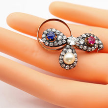 Antique Victorian brooch gold silver diamonds ruby sapphire pearl symbolic (7639)