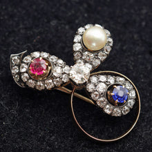 Antique Victorian brooch gold silver diamonds ruby sapphire pearl symbolic (7639)