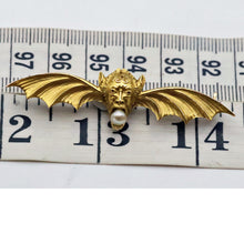 American Antique Art Nouveau brooch pendant devil head bat wings gold pearl(7685)