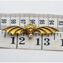 American Antique Art Nouveau brooch pendant devil head bat wings gold pearl(7685)