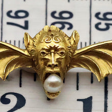 American Antique Art Nouveau brooch pendant devil head bat wings gold pearl(7685)