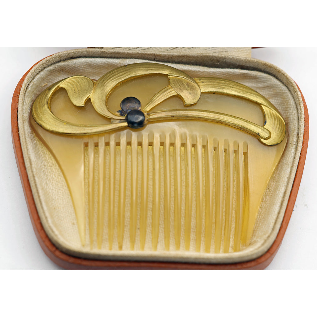 Beaudouin Antique Art Nouveau Hair Comb in original box gilded enamelled