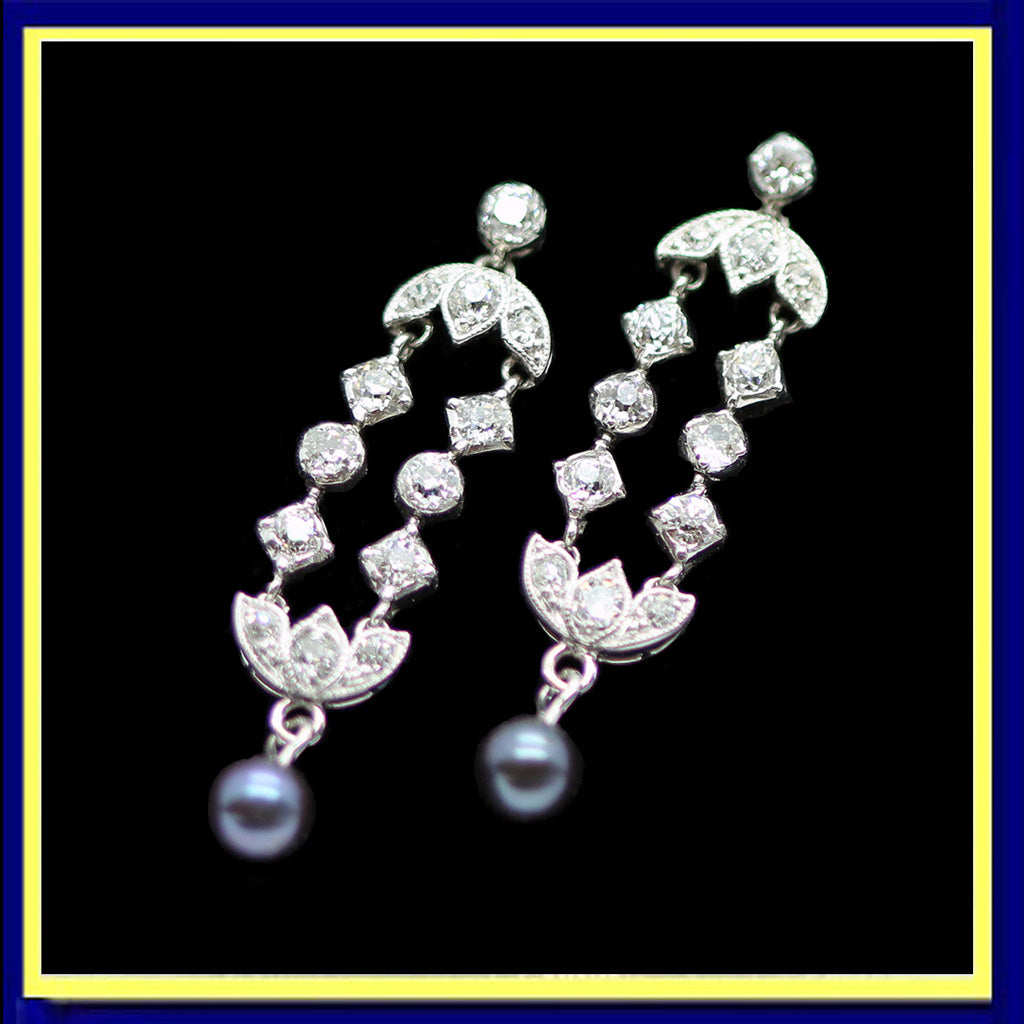 Vintage Art Deco Platinum Diamond Earrings Ear Pendants w black Pearls (6036)