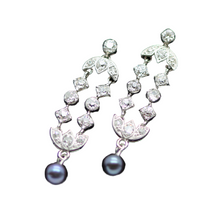 Vintage Art Deco Platinum Diamond Earrings Ear Pendants w black Pearls (6036)