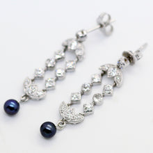 Vintage Art Deco Platinum Diamond Earrings Ear Pendants w black Pearls (6036)