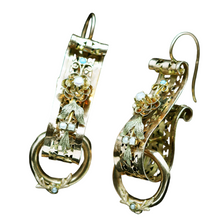 Antique Victorian Earrings 14k Gold Scrolls w Pearls & Turquoise English (6087)