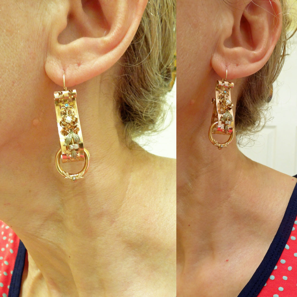 Antique Victorian Earrings 14k Gold Scrolls w Pearls & Turquoise English (6087)