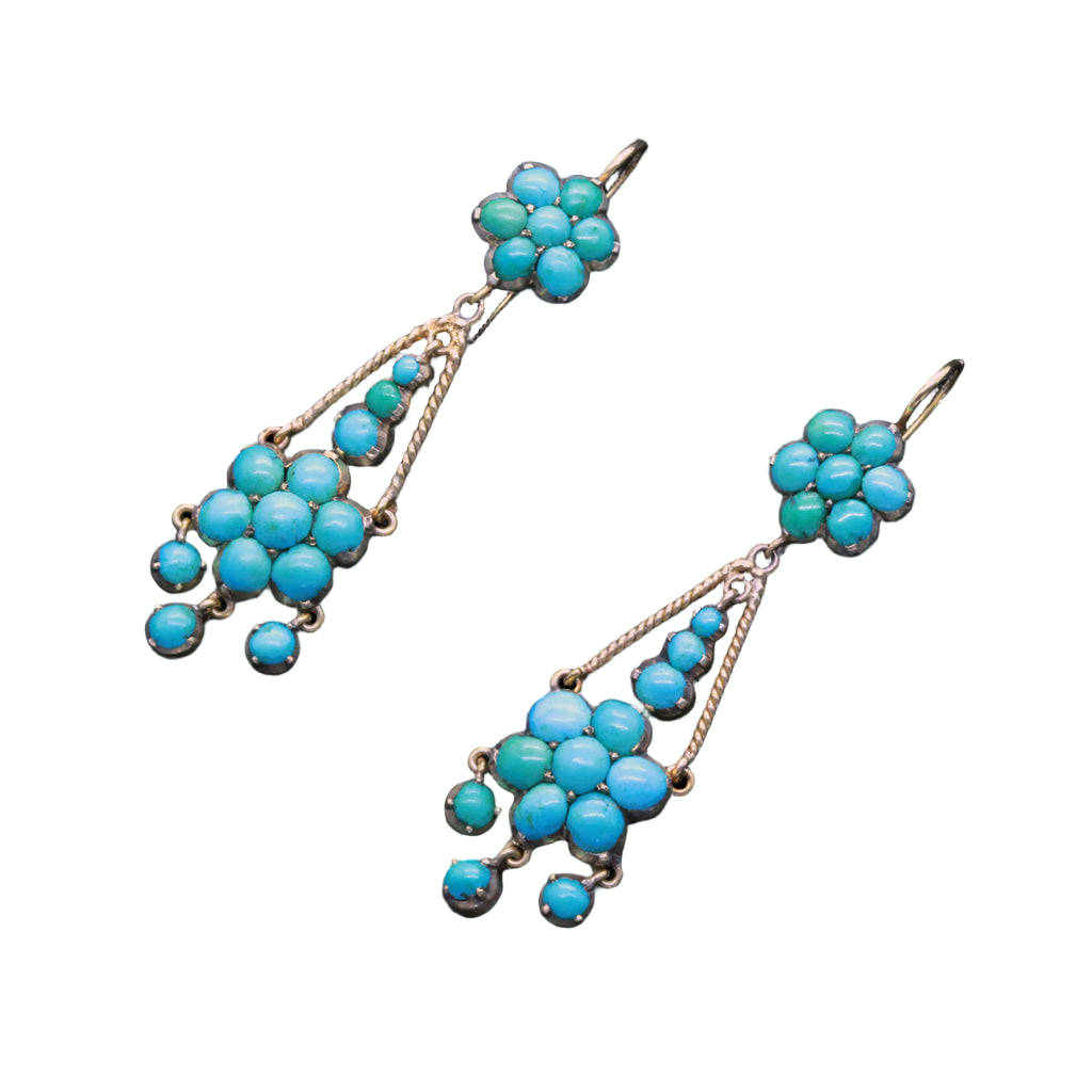 Antique Victorian Earrings Ear Pendants 15k Gold Turquoise C1860 English (6114)