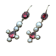 Antique Victorian Earrings Cross Ear Pendants 14k Gold Garnets Pearls (6215)