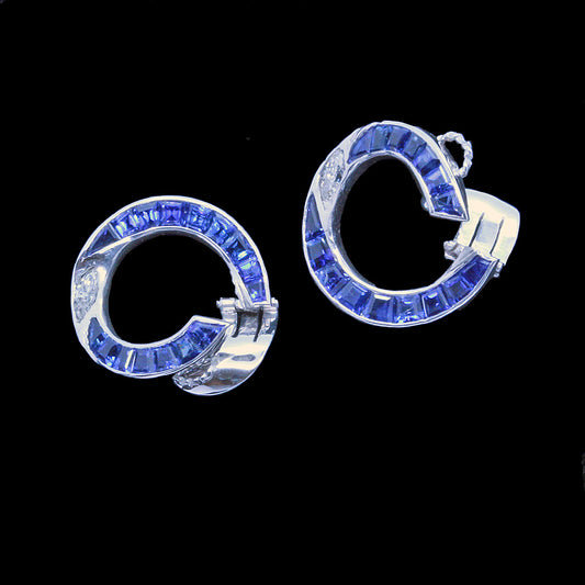 Vintage Earrings Sapphires Diamonds Platinum C1930-40's Retro (6270)