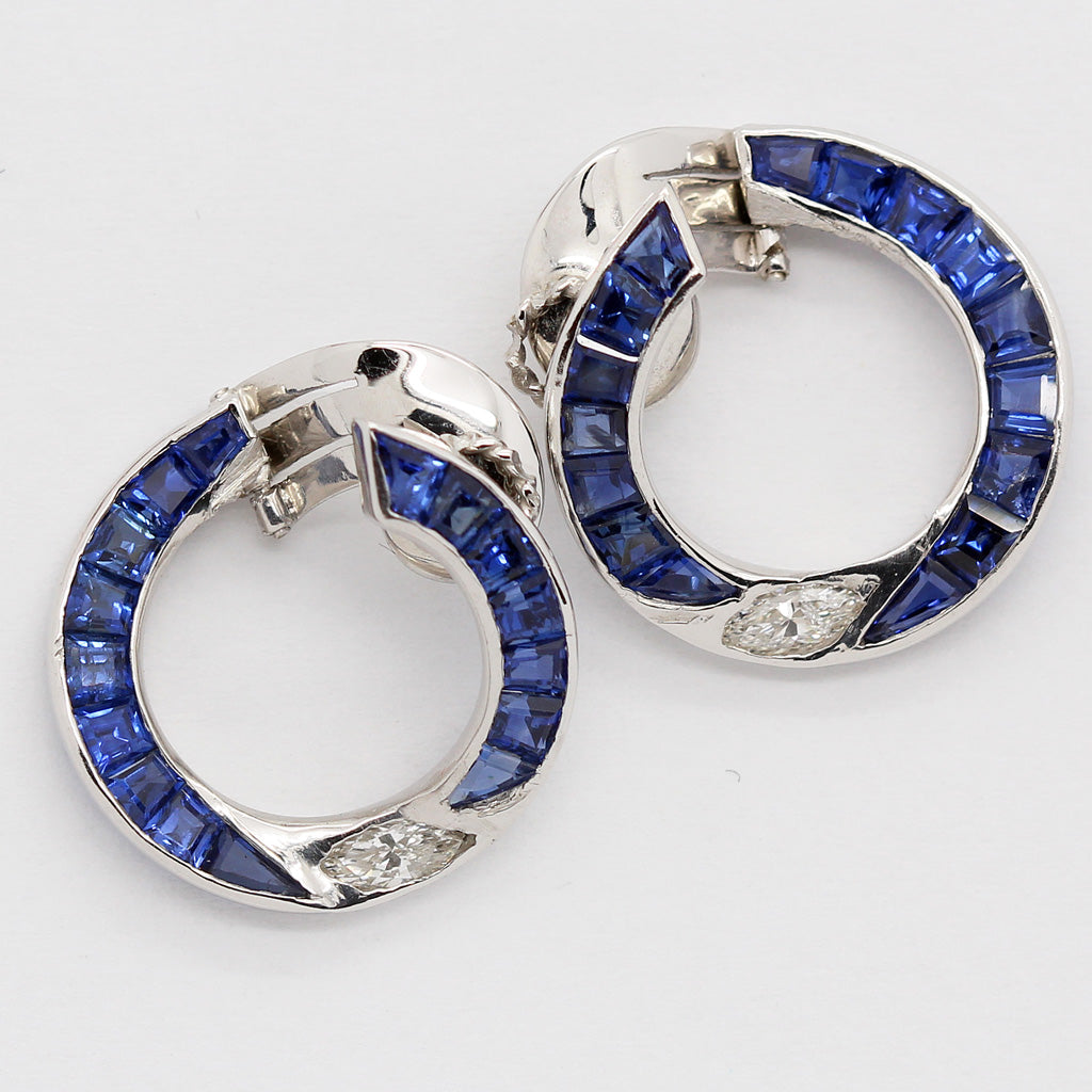 Vintage Earrings Sapphires Diamonds Platinum C1930-40's Retro (6270)