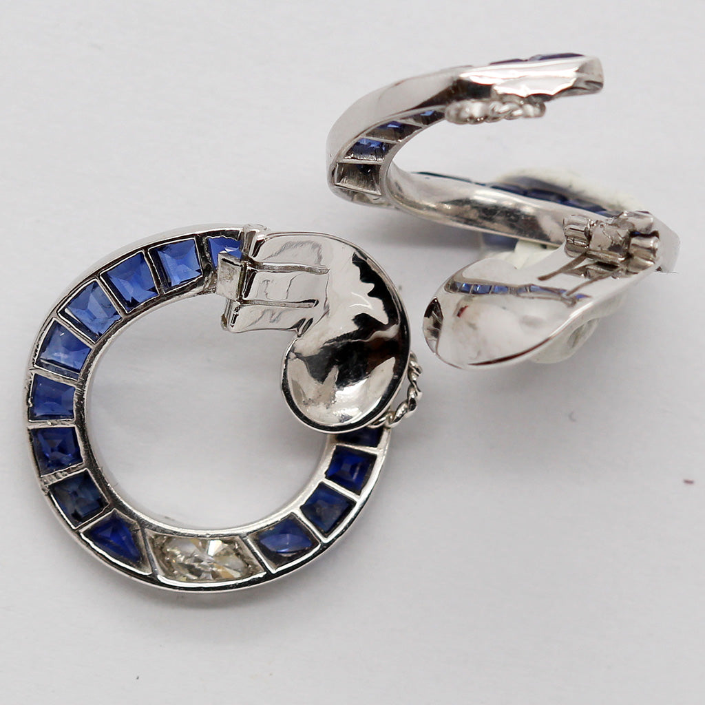 Vintage Earrings Sapphires Diamonds Platinum C1930-40's Retro (6270)