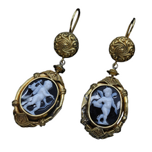 Antique Archaeological Revival Earrings Gold Carved Cameos Luigi Rosi (6281)