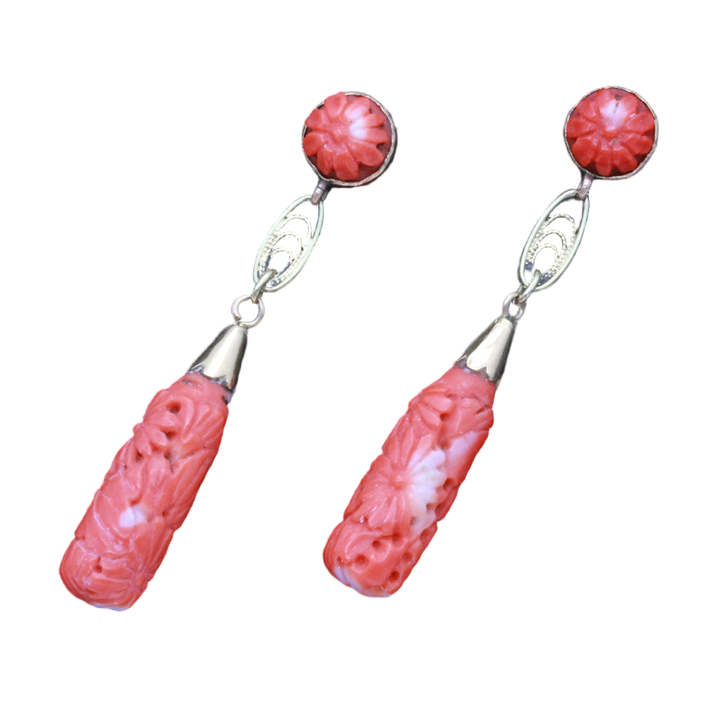 Vintage Art Deco Earrings 14k Gold Carved Coral Ear Pendants  (6506)
