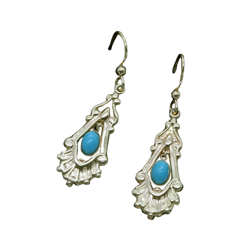 Antique Victorian Earrings 14k Gold Turquoise Dangle Drop Ear Pendants (6602)