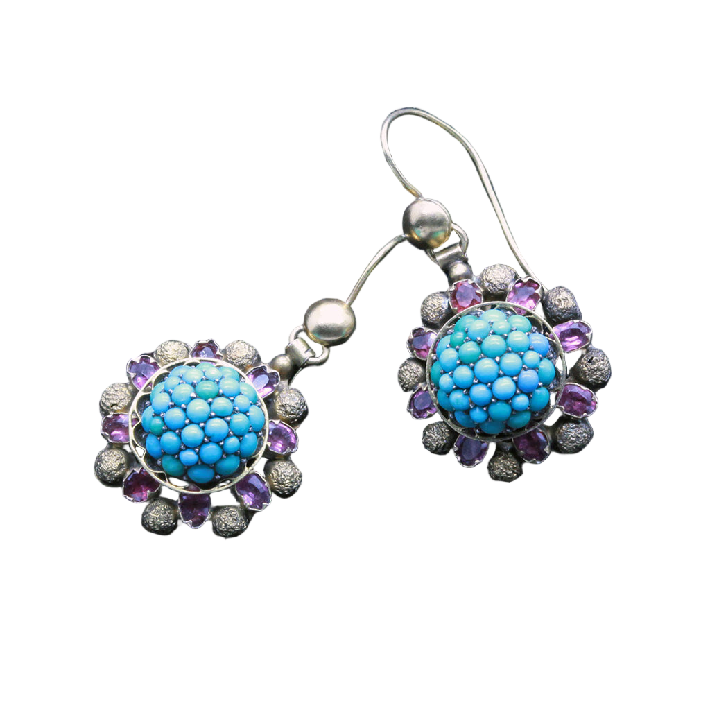 Antique Victorian Earrings 15ct Gold Turquoise Garnets English c1860 (6618)